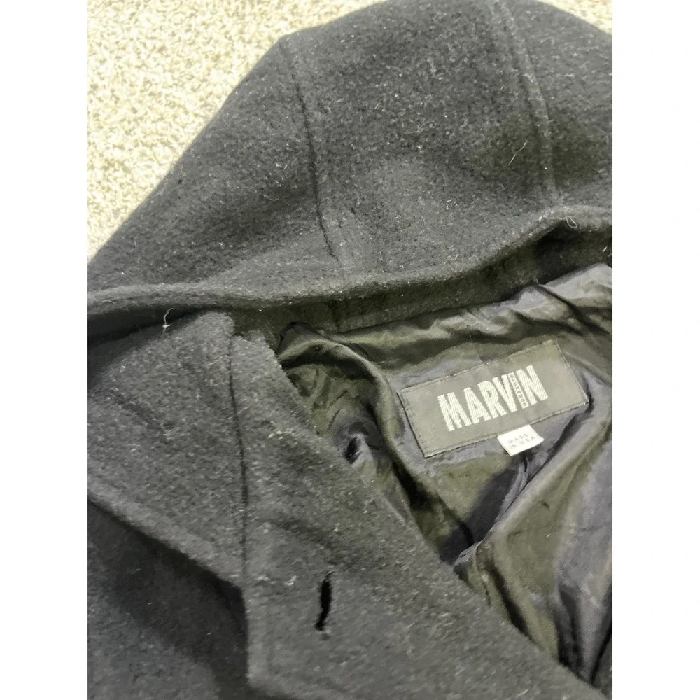 Marvin‎ Richards Black Hooded 100% Wool Overcoat Button Front USA Womens Medium